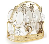 fanquare 21 Pièces Britanniques Vintage Service à Thé en Porcelaine, Service à Thé d'or Floral avec Bord d'or, Tasse à Café et Soucoupe Ensemble avec Cuillère Stand pour les Femmes de Mariage
