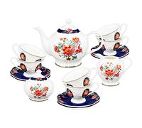 fanquare 21 Pièces Service à Thé en Porcelaine Floral Rouge, Service à Café pour 6 Personnes avec Théière, Sucrier, Pichet à Crème et Cuillères