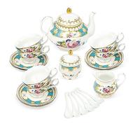 fanquare 21 Pièces Service à Thé en Porcelaine Vintage Bleues, Service à Café en Céramique Fleurs, Service de Table de Mariage pour Adultes