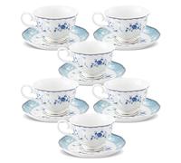 fanquare Lot de 6 Tasses à Thé Bleues à Fleurs et Soucoupes, élégantes Tasses à Café en Porcelaine Britannique, Tasses à Thé pour Femmes Adultes 150 ml