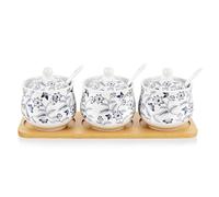 fanquare Pot à Epices Bleu et Blanc, Sucrier Chinois Set de 3 avec Couvercle et Cuillère, Pot à Condiments en Céramique avec Plateau de Service pour la Maison et la Cuisine