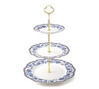fanquare Présentoir à Dessert en 3 Niveaux Vintage Bleu Support à Gâteau en Porcelaine avec de Beaux Floral Motifs pour Mariage Maison Fête du thé Décoration de Table