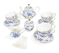 fanquare Service à Thé Élégant Motifs Floral Bleus 21 Pièces en Porcelaine Service à Café avec Bordure Dorée,Ensemble Théière Tasses et Soucoupes 6 Personnes idéal pour les Femmes Goûter Mariage