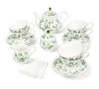 fanquare Service à Thé Élégant Motifs Floral Verts 21 Pièces en Porcelaine Service à Café avec Bordure Dorée,Ensemble Théière Tasses et Soucoupes 6 Personnes idéal pour les Femmes Goûter Mariage