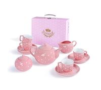 fanquare Service à Thé en Porcelaine 12 Pièces pour Adultes, Petites Filles, Pois Roses, Ensemble à Thé de l'après-midi avec Théière, Tasse et étui de Transport