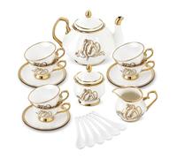 fanquare Service à thé en porcelaine britannique 21 pièces, service à thé Gold Tulip pour le goûter, 6 tasses à thé et soucoupes pour le café à la maison, mariage, anniversaire