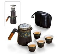 fanquare Service à Thé Japonais en Porcelaine de Voyage, Set de Thé Kung Fu Fait Main pour Adultes, Théière Noire et 4 Tasses avec Motif Floral Doré