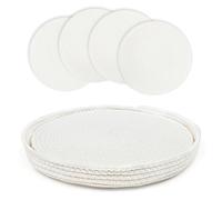 fanquare Sets de Table Tressés Ronds Lot de 4 Set de Table en Corde de Coton avec Support 33cm Napperons Blancs Résistants à la Chaleur pour Table Ronde Cuisine Extérieur