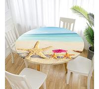 FANSU 3D Nappes Rondes Anti Taches, Imprimé Paysage Océan Bord Elastiqué Couverture Nappe Imperméable Polyester Protège Table pour Salle à Manger/Jardin/Extérieur (Plage,Diamètre 150cm)