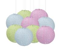 FANSU Lanterne Papier Decoration, Design Creux Lanterne en Papier à Suspendre Lot de 9 Lampion Papier Rond Lanternes Papier Décoratives pour Extérieur Mariage (Rose + Vert,20cm)