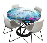 FANSU Nappe de Table Ronde en Polyester imperméable, Motif Dauphin 3D Protège Anti-Taches Table Elastiqué pour La Maison Table Cuisine Salle À Manger (Poisson Tropical,Diamètre 180cm)
