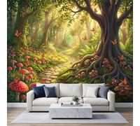 Fantaisie Conte de Fées Nature dessiné À La Main Papier Peint Panoramique 300 x 210 cm, Forêt Champignon Papillon Papier Peint Intissé Décoration Murale Moderne design pour Chambre D'enfant Salon
