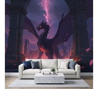 Fantaisie Épique Papier Peint Panoramique 450L x 315H cm, Art Mythologique Animal Dragon Violet Éclair Fresque Murale, Violet Foncé Papier Peint 3D Mural pour Salon Chambre d'enfants Salle de Jeu