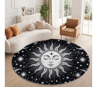 Fantaisie Vintage Grand Tapis Rond à Motif Soleil Lune Etoiles pour Salon Chambre à Coucher Salle de Bain Couloir décoration d'intérieur, Lavable en Machine Pile Courte et Douce, Noir, 160 cm