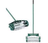 FANTASK Rouleau aérateur de pelouse, avec Manche, scarificateur Manuel, Vert, avec Clous de 3 cm et Protection Anti-éclaboussures, 46 x 23 x 127 cm