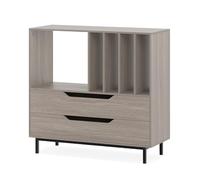 FANTASK Support pour Tourne-Disque avec Compartiment Ouvert, 4 Compartiments en Vinyle, Pieds en métal et tiroir, étagère de présentation pour Chambre à Coucher et Salon, Gris