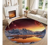 Fantasy Sci Fi Tapis Rond Salon 160 cm Lavable Machine Rouge Orangé Ardent | Doux Antidérapant Épique Univers Planète Montagnes Tapis Rond Chambre Adulte Salle a Manger Descente de Lit Bureau Couloir