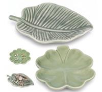 FANTU 2 Pieces Assiette à Bijoux en Porcelaine Plateau à Bijoux Feuille | Plat à Bijoux en Céramique Coupelle Bijoux Vert Porte-Bague en forme de feuille pour Table d'entrée décor de Chambre