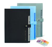 Fardes à Compartiments A4, lot de 3 Fardes à Documents, Chemises à 5 Compartiments, Classeur Extensible, Organiseur de Documents avec Étiquettes, pour Bureau, Maison, École (Gris, Noir, Bleu)