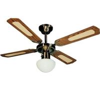 FARELEK - BALI Ø 107 cm - Ventilateur de plafond réversible Laiton Antique, 4 pales noyées / cannées noyer + éclairage
