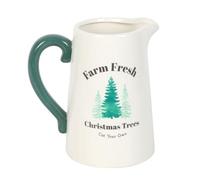 Farm Fresh Pichet en céramique Motif arbres de Noël - Design rustique de ferme, parfait pour les fleurs saisonnières, poignée élégante pour la décoration de vacances