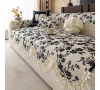 Farmhouse Sofa Cover, Vintage Floral Couch Covers，Non-Slip Sofa Slipcovers | Chenille Sofa Covers For 1 2 3 4 Seater, Leather Sofa Protector For Living Room, Pet Furniture Protect(Black,110x180cm)