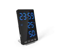Fasizi Smart Mirror Réveil décoratif à LED avec affichage de la température météo 4 niveaux de luminosité avec coque noire et numérique bleue