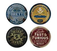 Fast & Furious Lot de 4 dessous de verre de style vintage | Sous licence officielle en métal avec base en liège antidérapante | Articles de bar de collection de 89 mm