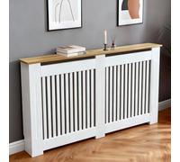 FATIVO Cache Radiateur en Bois Blanc Couverture Moderne avec Lattes et Étagère Supérieure Armoire Design pour Salon Chambre Bureau - 145x18x90.5cm