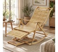 FATIVO Fauteuil Relax à Bascule en Bambou, Pliant, 5 Positions | Bambou Naturel, Dossier 5 Positions, Repose-pieds Coulissant avec Rouleaux de Massage, Pliage Compact, Montage Facile