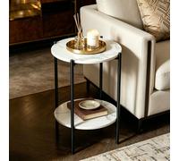 FATIVO table d’appoint ronde noire effet marbre 37x55 cm – table basse avec 2 étagères, table de chevet style scandinave pour salon