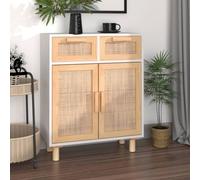 faucqel Buffet blanc 60 x 30 x 75 cm en pin massif et rotin naturel avec 2 tiroirs, 2 compartiments, espace de rangement pour salon, couloir et chambre à coucher, plateau supérieur stable, design