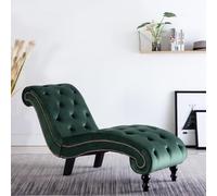 Faucqir Chaise longue en velours vert avec rembourrage à boutons et design ergonomique à franges, 145 x 52 x 77 cm, salon, chambre à coucher, bureau, chaise longue relaxante avec accoudoirs et