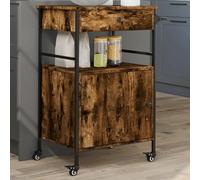 Faucqir Chariot de cuisine en chêne fumé 56 x 43 x 89,5 cm avec cadre en acier, 4 roues, espace de rangement pour épices, vaisselle, couverts, chariot de service pour cuisine et salle à manger
