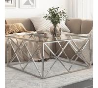 Faucqir Table basse argentée en acier inoxydable avec plateau en verre trempé de 6 mm - 100 x 100 x 50 cm - Table d'appoint stable avec compartiment de rangement pour salon, salon, couloir, réception