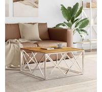 Faucqir Table basse argentée en acier inoxydable et bois d'acacia massif 80 x 80 x 40 cm avec cadre solide et grand plateau de table, idéale comme table de canapé, table d'appoint, table de salon avec