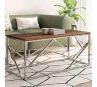 Faucqir Table basse argentée en acier inoxydable et bois massif avec compartiment de rangement 110 x 45 x 45 cm, table d'appoint et table de salon avec cadre solide pour salon, salon, couloir et