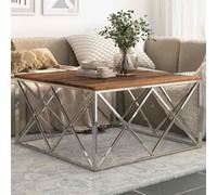 Faucqir Table basse argentée en acier inoxydable et bois massif de 100 x 100 x 50 cm, table de canapé avec compartiment de rangement et structure robuste, table d'appoint pour salon, salon, couloir et
