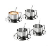 Fauhapyway Lot de 4 tasses à expresso en acier inoxydable de 200 ml avec | Acier 18/8, résistant à la rouille, comprend 4 dessous de verre et cuillères, prise en main ergonomique, idéal pour la maison