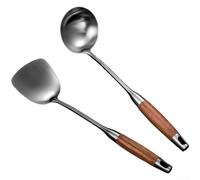 Fauhapyway Set Ustensiles Cuisine 2PCS Acier pour bois de Set Ustensiles | Acier 304 durable, manche bois de rose, résistant chaleur, anti-rayures, facile à nettoyer