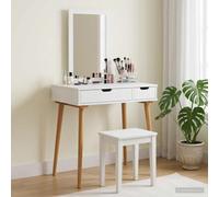 Fauske Ensemble de table de maquillage 2 pièces, blanc, 76 x 50 x 143 cm | Tiroirs et compartiments, miroir plat, pieds en pin massif, entretien facile, chambre à coucher et dressing