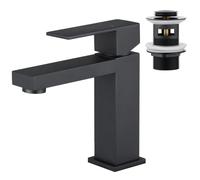 Faustina Robinet de Lavabo pour Salle de Bain rectangulaire et Bonde Pop Up avec Trop Plein, Robinet Mitigeur Monocommande de Salle de Bain Carré en Acier Inoxydable Noir Mat.