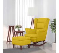 Fauteuil à Bascule à Oreilles en Velours Jaune avec Tabouret Bois Massif | Velours jaune doux, bois massif robuste, mouvement berçant, accoudoirs rembourrés, tabouret polyvalent, support 110 kg