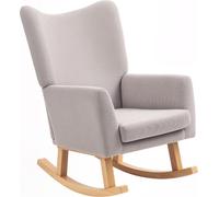Fauteuil à bascule au design rétro, revêtement en velours côtelé, bois d'hévéa, remplissage en mousse, dossier haut, fauteuil rembourré, gris clair