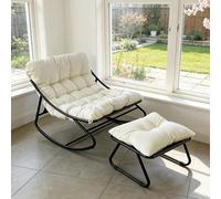 Fauteuil à Bascule avec Coussin, Chaise a Bascule d'Intérieur et d'Extérieur, Rocking Chair avec Repose-Pieds, Chaise Papasan, Cadre en Métal, Capacité 150 kg, pour Jardin Patio Salon Balcon (Blanc)