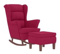 Fauteuil à bascule avec tabouret en velours rouge vin et bois | Velours doux, bois d'hévéa, balançoire fluide, accoudoirs confortables, repose-pieds inclus, charge maximale 110 kg