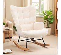 Fauteuil à bascule beige, dossier capitonné, patins en bois, rembourrage épais, design élégant pour salon et chambre d’enfant