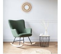 Happy Garden Fauteuil à bascule KAIRA – tissu bouclé vert kaki, métal et bois d'hévéa