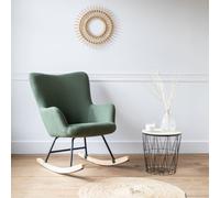 Happy Garden Fauteuil à bascule KAIRA – tissu bouclé vert kaki, métal et bois d'hévéa