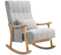 Fauteuil à bascule HOMCOM, fauteuil de relaxation rembourré moelleux, aspect lin et cadre en bois, fauteuil à bascule avec poche latérale et coussin lombaire, pour chambre à coucher, salon, gris